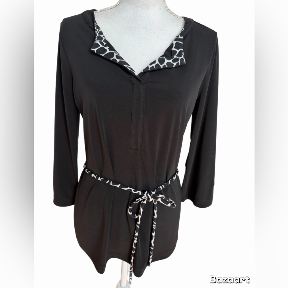 Dana Buchman Black Tunic Top Small Animal Print Trim Tie Waist 3/4 Sleeve Blouse - Picture 2 of 7